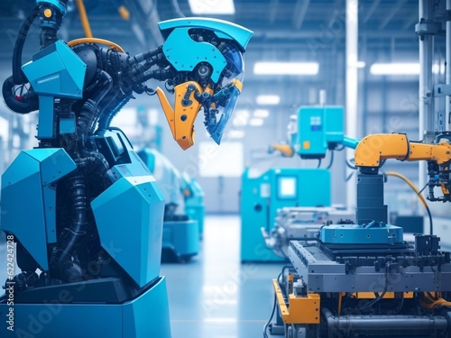 Smart industry robot for digital factory production technology showing automation manufacturing process of the 4.0 and IOT software to control operation. Industrial 4.0, AI generated 