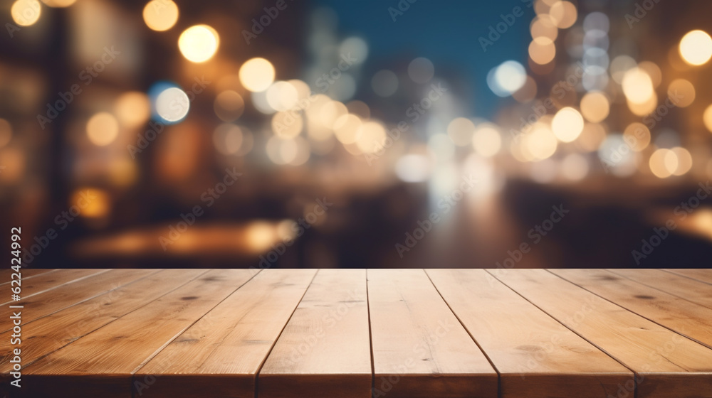 Wooden table  blurry lights background