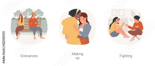 Teenage couple problems isolated cartoon vector illustration set. Two teens having grievances, looking in different directions, making up after fighting, quarrel, couple conflict vector cartoon.