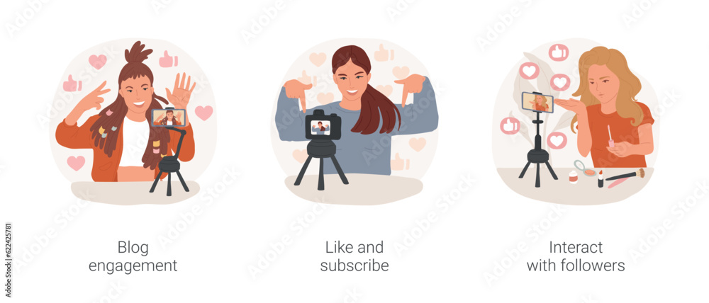 Video content creation isolated cartoon vector illustration set. Blog engagement, recording video on smartphone, social media channel, like and subscribe, interact with followers vector cartoon. Video content creation isolated cartoon vector illustration set. Blog engagement, recording video on smartphone, social media channel, like and subscribe, interact with followers vector cartoon.
