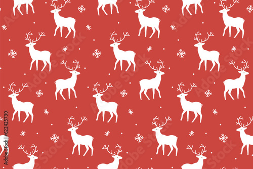 Red Christmas pattern, deer illustrations. Gift wrapping paper design, vector seamless background for winter holidays