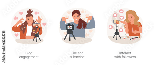 Video content creation isolated cartoon vector illustration set. Blog engagement, recording video on smartphone, social media channel, like and subscribe, interact with followers vector cartoon.
