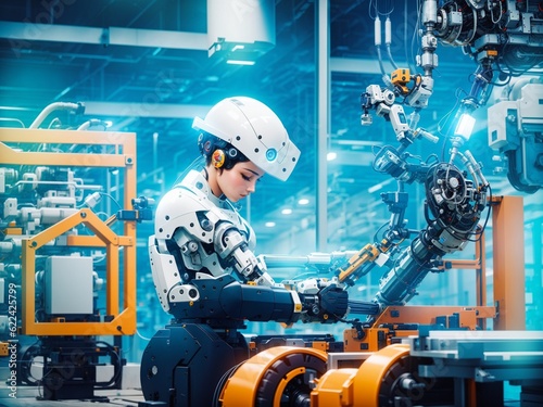 Smart industry robot for digital factory production technology showing automation manufacturing process of the 4.0 and IOT software to control operation. Industrial 4.0, AI generated 