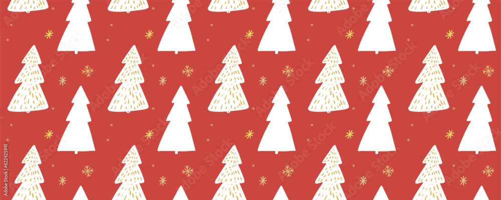 Christmas tree pattern, seamless background for wrapping paper, hand drawn spruces and snowflakes on red Christmas tree pattern, seamless background for wrapping paper, hand drawn spruces and snowflakes on red