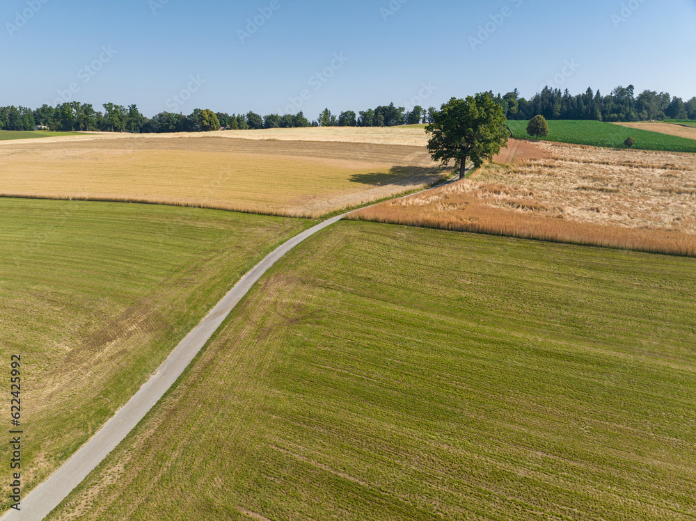 Aerial view of countryside road through fields in rural area in Switzerland.