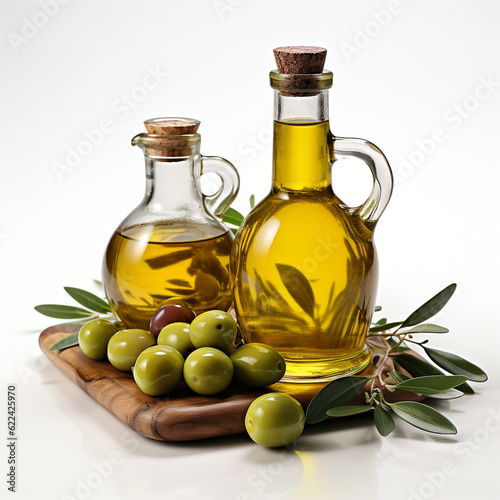 Olive oil and olives on white background