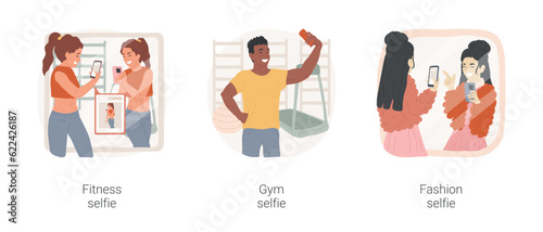 Teenager self-admiration isolated cartoon vector illustration set. Sporty girl taking selfie in gym, fitness baby, boy narcissism, fashionable teen taking picture in front of mirror vector cartoon.