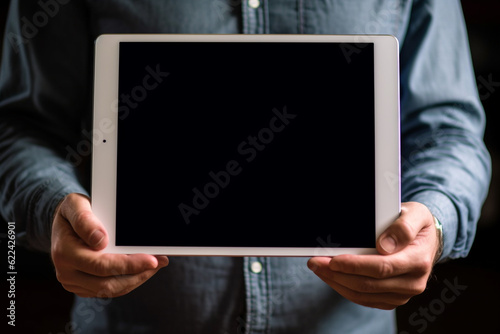 Man holding a tablet, black screen tablet template