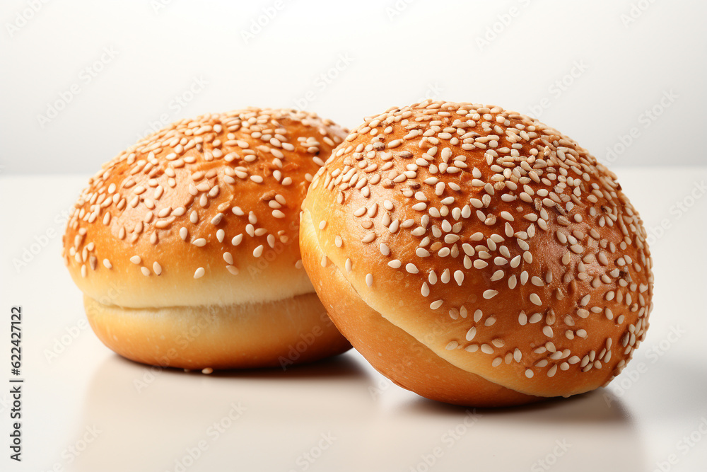 two buns with sesame seeds on white background