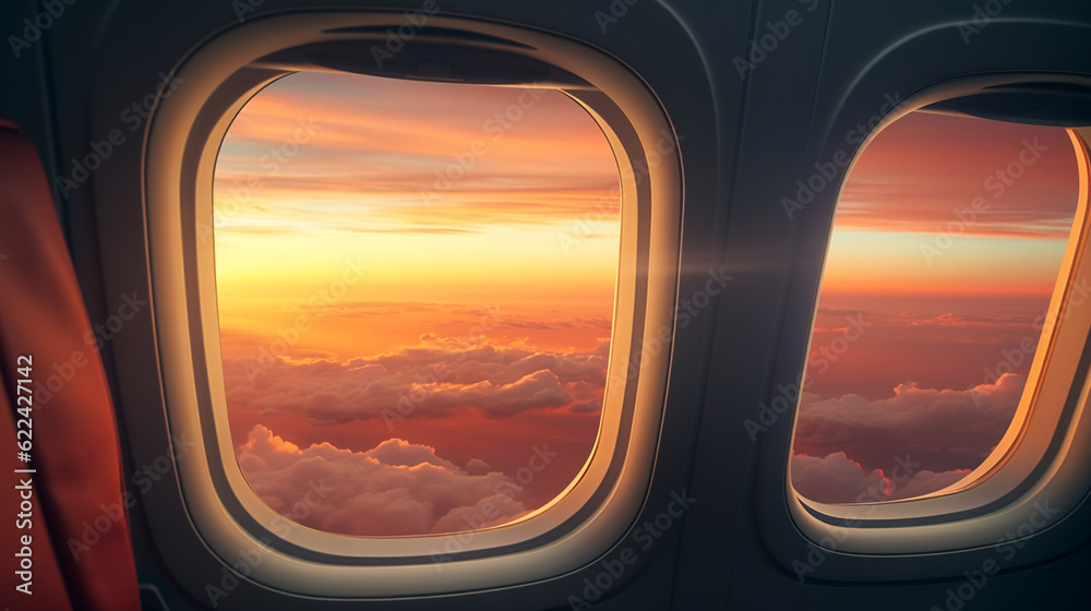 Sunset view from airplane window above the clouds