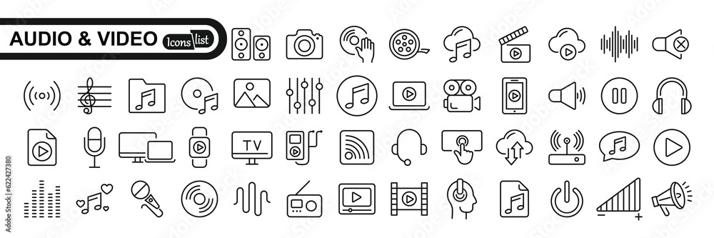 Audio Video icon set. Line icon collection set. Music, Cinema, File, Song, Movie and more. Simple vector icons. Vector illustration Audio Video icon set. Line icon collection set. Music, Cinema, File, Song, Movie and more. Simple vector icons. Vector illustration