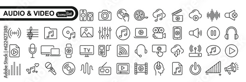Audio Video icon set. Line icon collection set. Music, Cinema, File, Song, Movie and more. Simple vector icons. Vector illustration