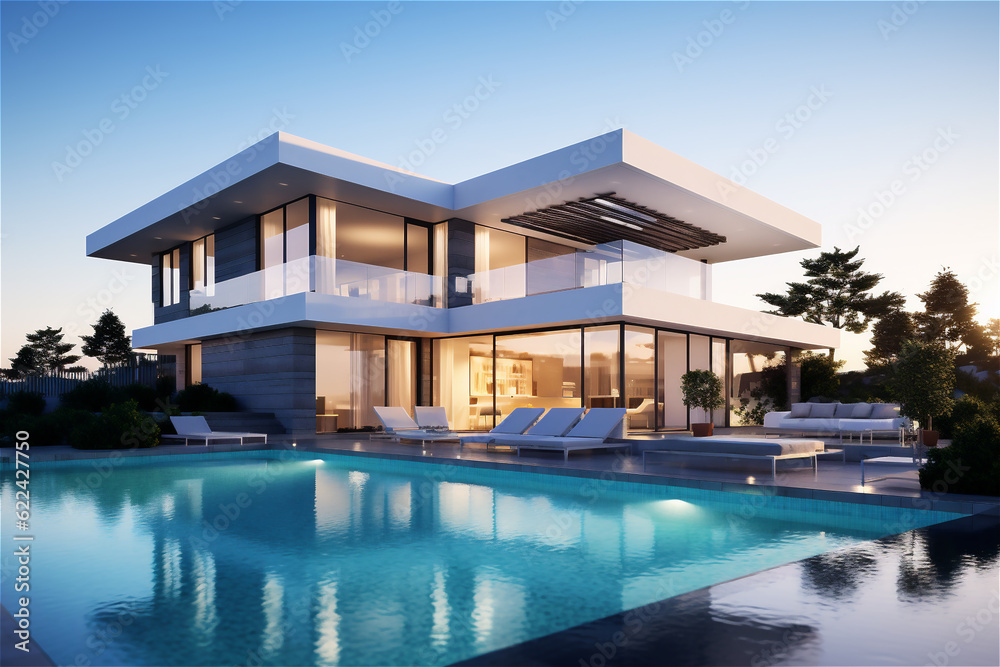 Modern villa with pool and deck with interior. AI generated content