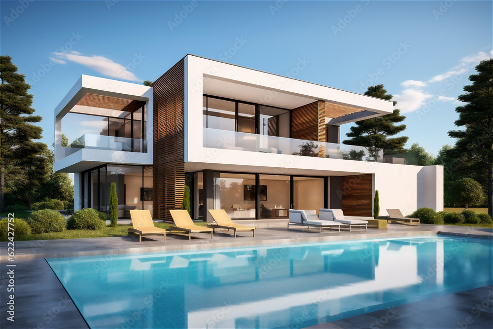 Modern villa with pool and deck with interior. AI generated content