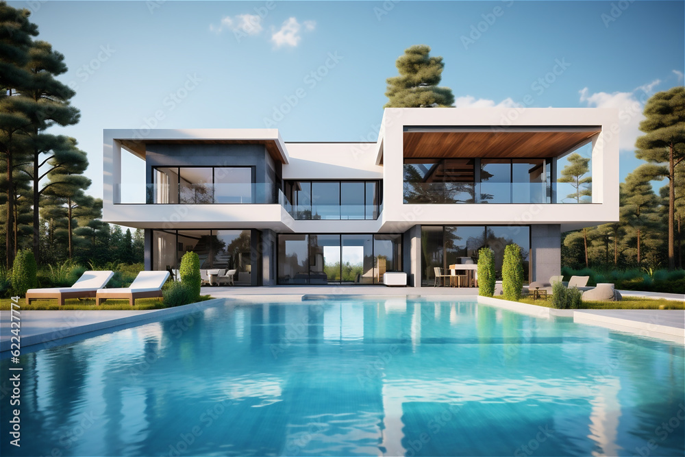 Modern villa with pool and deck with interior. AI generated content