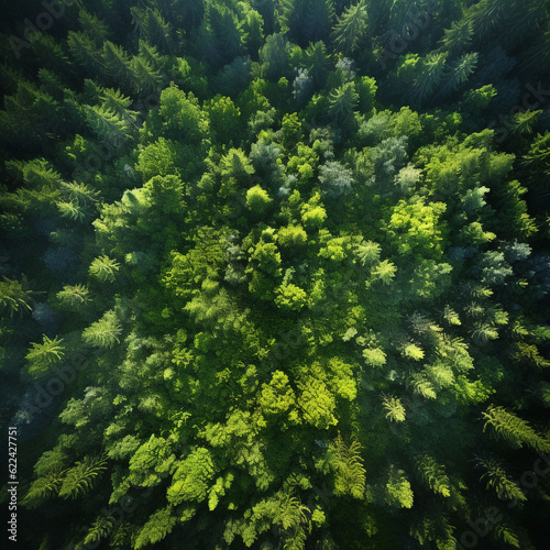 top view of a green forest in the morning- sustainability, nature, ecology, aerial top down view, drone view, natural green background 