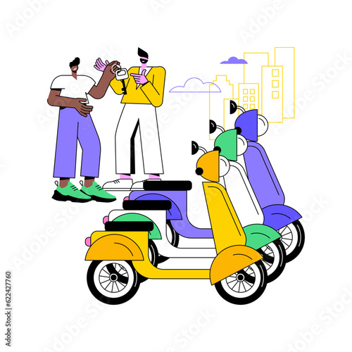 Motorcycle rental isolated cartoon vector illustrations. Salesman gives a key to the rented motorcycle, tourism business, outdoor equipment for riding, recreation area vector cartoon.