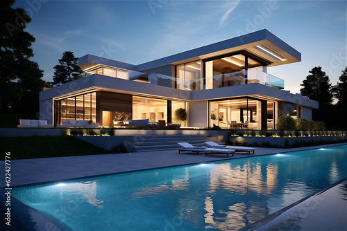 Modern villa with pool and deck with interior. AI generated content © Elena
