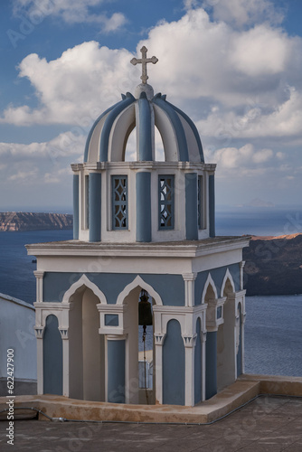 Small Church of St. Mark the Evangelist with its Blue Dome and Colorful Bell Tower - Firostefani, Santorini, Greece