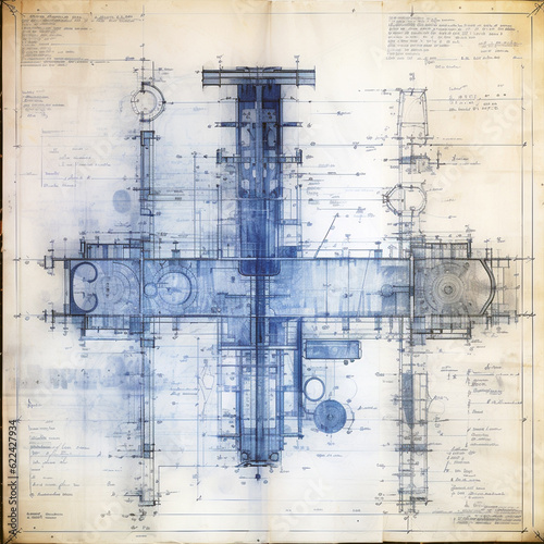 intricate blue on white technical schematic diagram blueprint