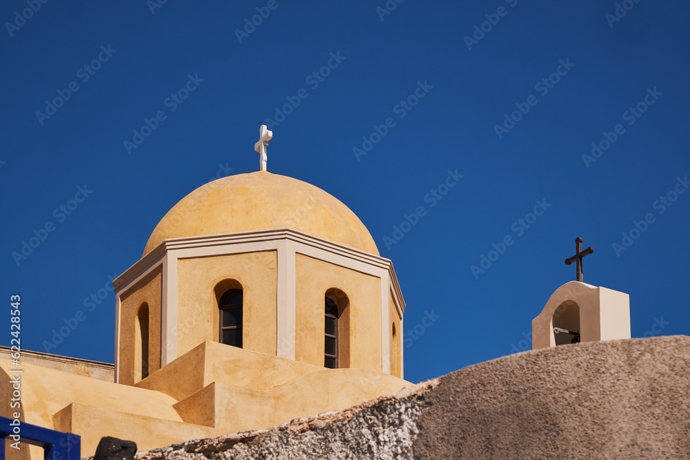 Megalochori Village and Colorful Small Churches in Santorini Island, Greece