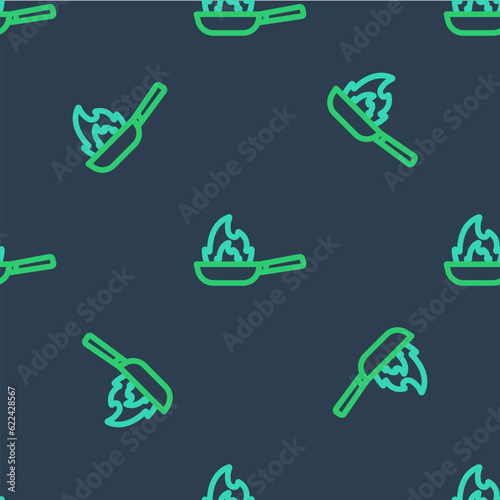 Line Pan with fire icon isolated seamless pattern on blue background. Vector