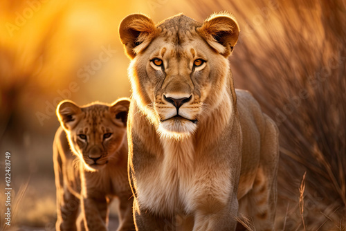 Lioness and young lion cub. Panthera leo. Wildlife animal oudoors on its natural habitat. AI generative © vejaa