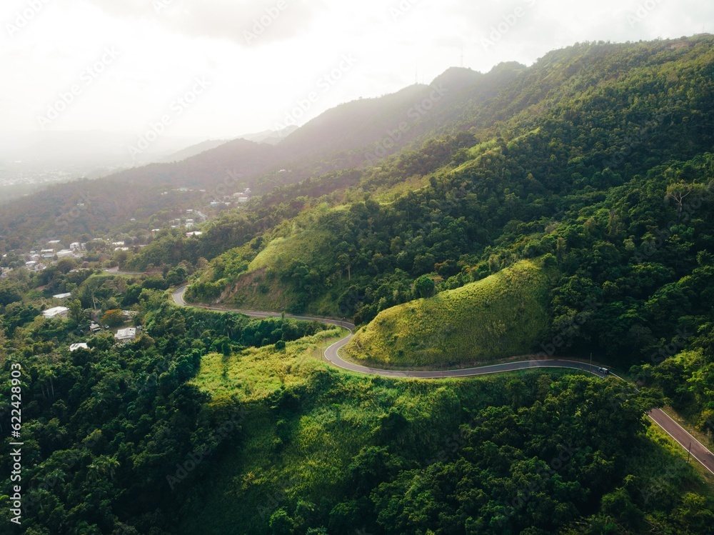 Beautiful green mountain curve road landscape of a drone capture from puerto rico