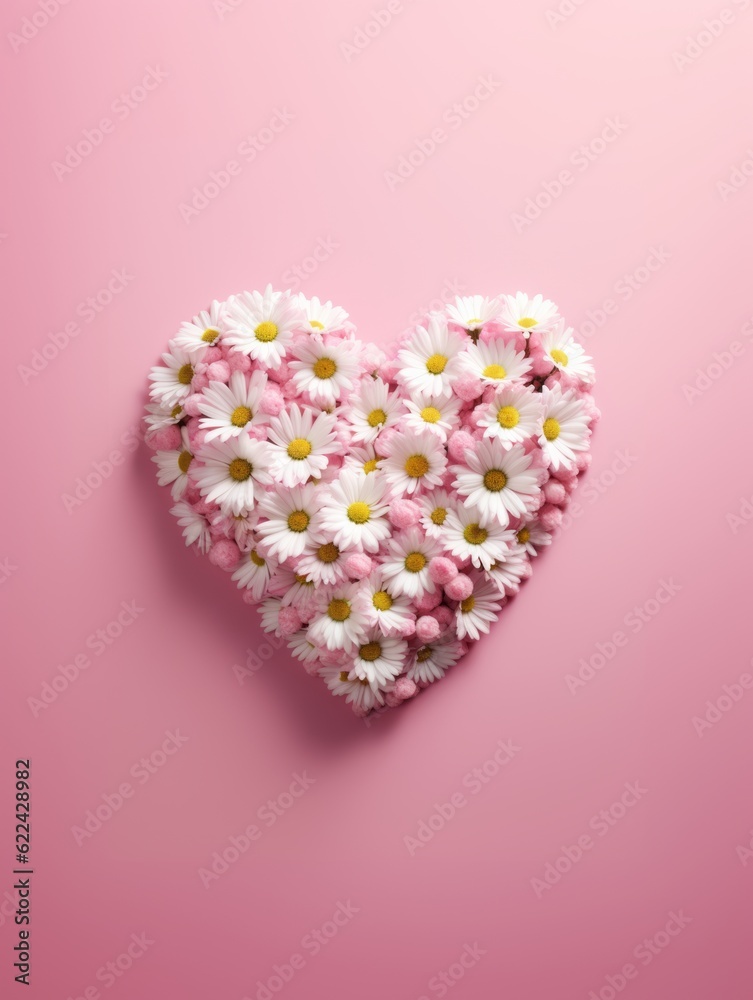 Valentine's Day. Heart made of white daisies on a pink background. Love, wedding, birthday