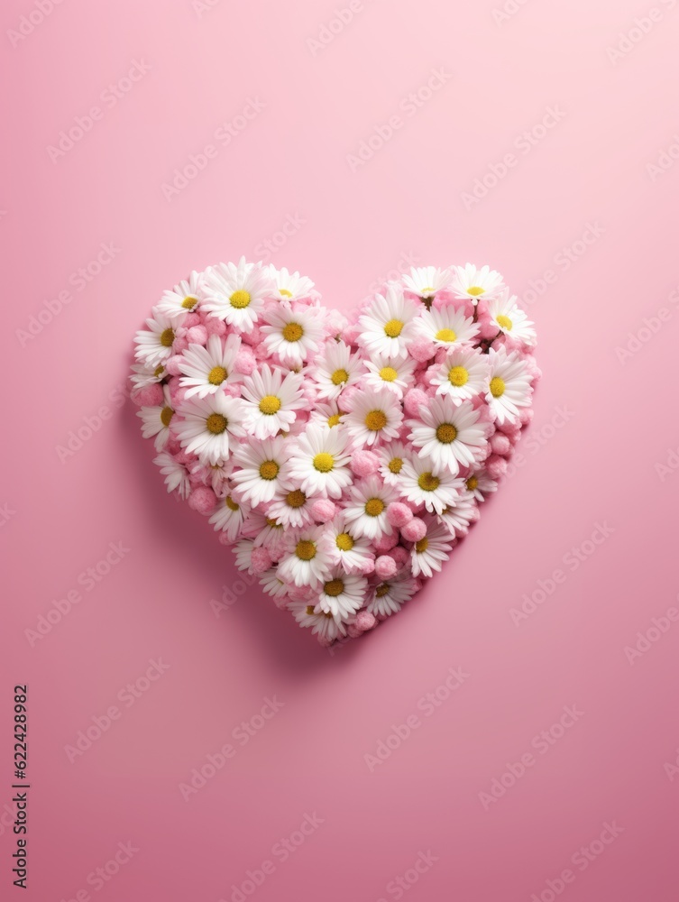 Valentine's Day. Heart made of white daisies on a pink background. Love, wedding, birthday Valentine's Day. Heart made of white daisies on a pink background. Love, wedding, birthday