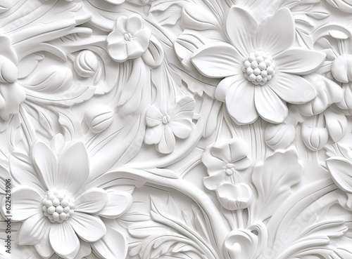 Patterns on the ceiling gypsum sheets of white flowers, plaster background - floral pattern, seamless pattern. Created with Generative AI technology