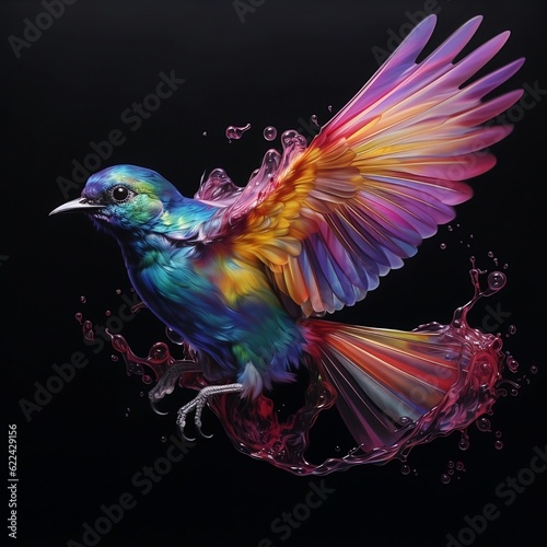 Iridescent multi-coloured bird in levitation- chromatic, prismatic, rainbow © Fiona