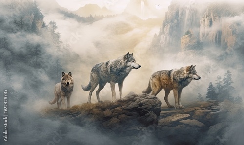 Wild wolfs in nature wilderness. Created with Generative AI technology.