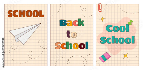 Back to school vintage postcard set. Retro notebook letter with cute airplane and eraser. School inscriptions. Vector illustration