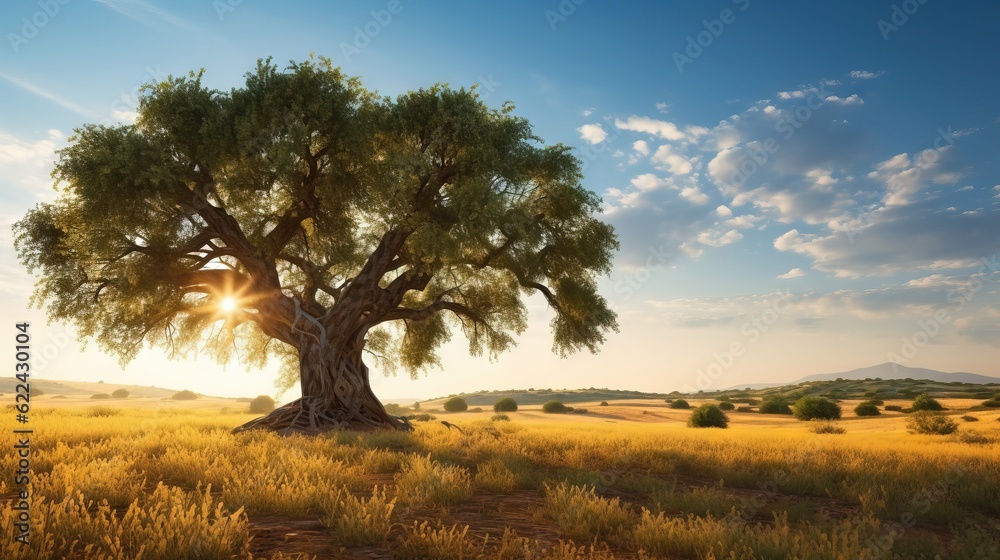 a tree in a field with the sun shining through the clouds. generative ai a tree in a field with the sun shining through the clouds. generative ai