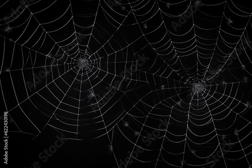 Real creepy spider webs silhouette isolated on black banner panorama   Generative AI © Kay