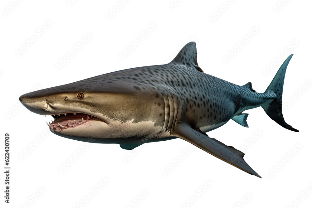 Fototapeta premium Tiger shark Galeocerdo cuvie, Transparent background. generative AI