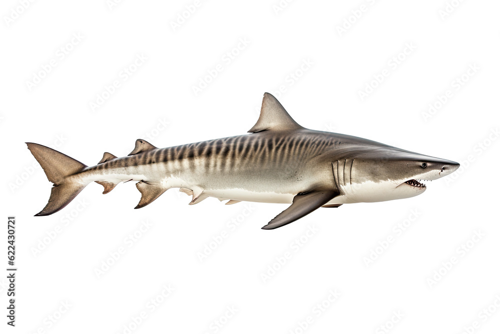 Fototapeta premium Tiger shark Galeocerdo cuvie, Transparent background. generative AI