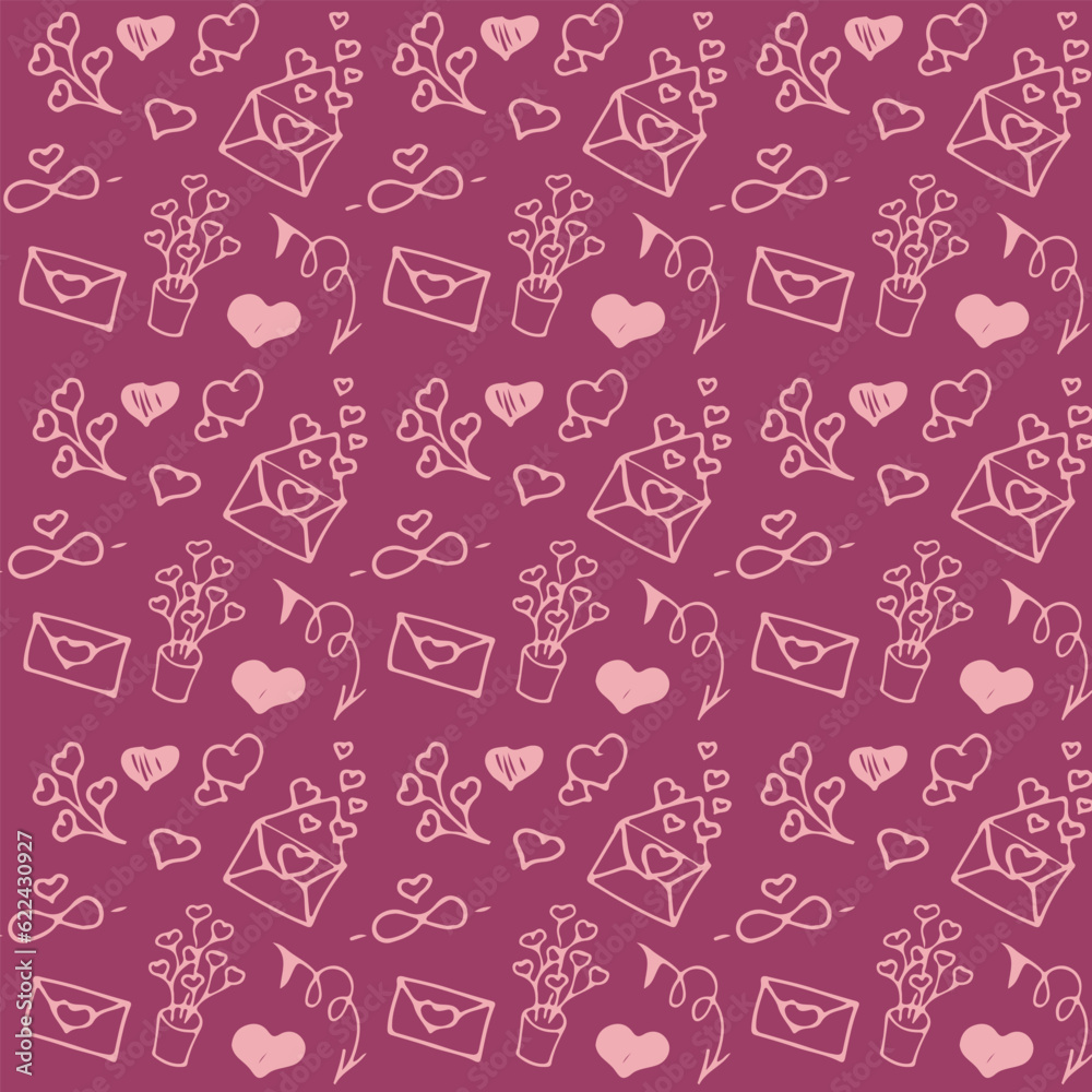 Seamless pattern with love words and cute love doodles on a dark pink background. Saint Valentine's Day background. Lovely symbols. Seamless pattern with love words and cute love doodles on a dark pink background. Saint Valentine's Day background. Lovely symbols.