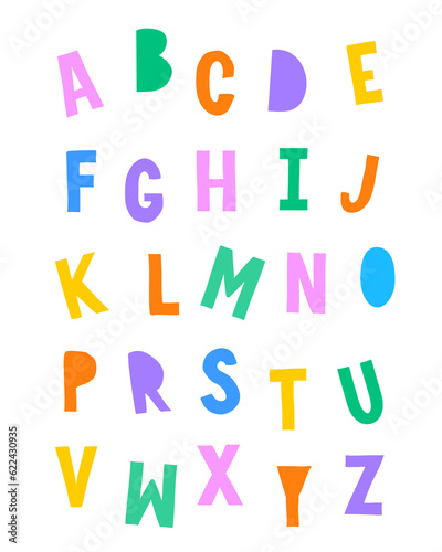 Funny Vector Illustration with Colorful Hand Drawn Alphabet. Infantile Style Letters isolated on a White Background. Simple Print with Crooked Colored Letters ideal for Poster  Wall Art. RGB Colors.