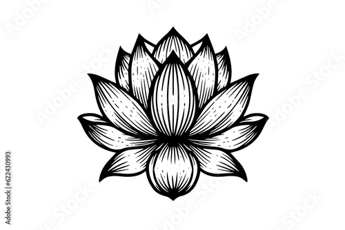 A lotus lily water flower in a vintage woodcut engraved etching style vector illustration.