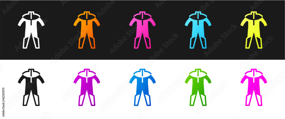 Obraz premium Set Wetsuit for scuba diving icon isolated on black and white background. Diving underwater equipment. Vector