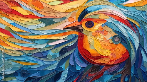  a painting of a colorful bird on a blue and yellow background.  generative ai © Anna