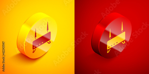 Isometric Router and wi-fi signal icon isolated on orange and red background. Wireless ethernet modem router. Computer technology internet. Circle button. Vector
