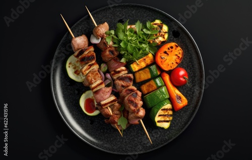 Kebabs - grilled meat skewers, shish kebab with vegetables on black wooden background. Created with Generative AI technology.