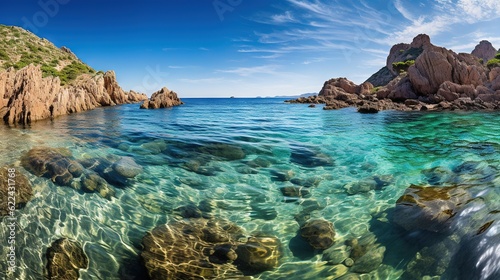  a body of water with rocks in the background and blue sky. generative ai