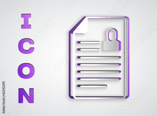 Paper cut Resume icon isolated on grey background. CV application. Searching professional staff. Analyzing personnel resume. Paper art style. Vector