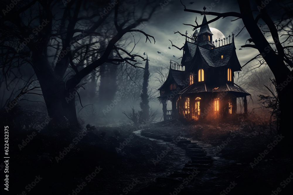 Halloween haunted house with lights on in the middle of the night with mist