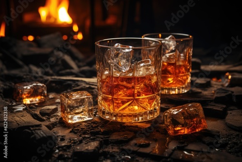 Whiskey Scotch Brandy. strong flavored alcoholic beverage Barley, rye, wheat, or corn can be used to make whiskey Luxury alcohol, a drink for relaxation. Creative photo, banner, advertising .