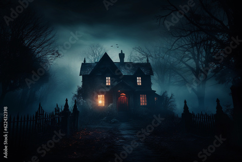 Haunted house with lights on in the middle of the night with mist © Creative Clicks